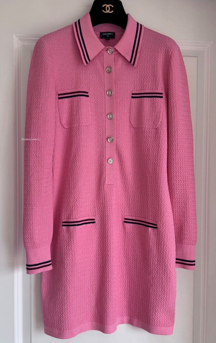chanel pink mini dress NEW CHANEL 23A PINK CC BUTTONS KNIT MINI DRESS 34