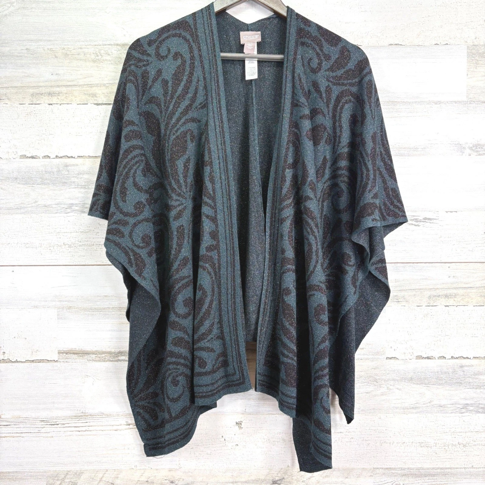 Chicos Womens One Size Metallic Swirl Knit Open Front Poncho Cape Teal Black