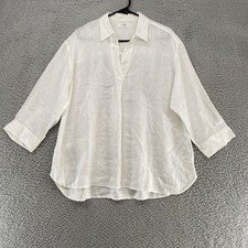 Uniqlo 100% Linen Top Womens Large White Split Neck Coastal Minimalist Flowy