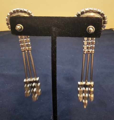 Orecchini pendenti vintage strass blu e trasparenti lunghi 2,75" eleganti bling traforati - Foto 5 di 6