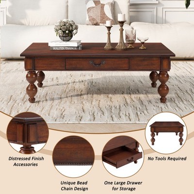 Vintage Rectangular Solid Wood Coffee Table Cocktail Table with