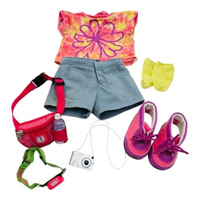 American Girl Hiking Outfit 10 Pc Set Camera Light Fanny Pack Water Bottle Boots