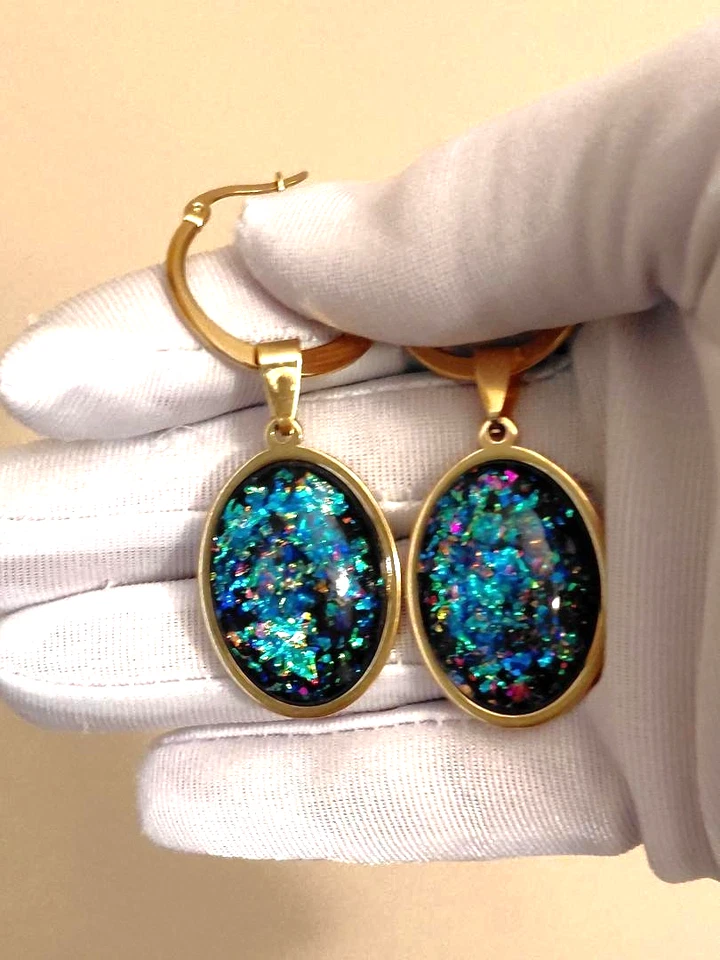 Pendientes de ópalo 18x25 mm resina ópalos de fuego azul real en acero inoxidable 18 quilates GP Foto 3 de 4