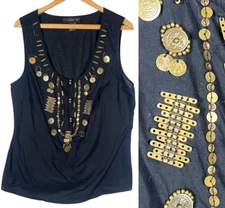 Venezia Lane Bryant Tank Top Size XL 14 16 Black Gold Beaded Boho Y2K Gypsy Goth