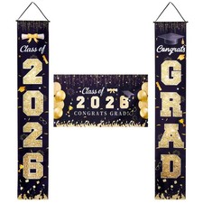 3Pcs Black and Gold Graduation Decorations Class of 2026 Congrats Grad Class ...