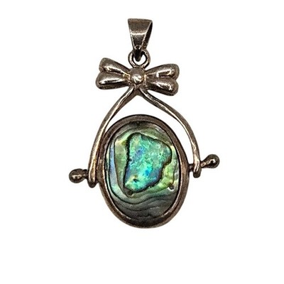 Sterling Silver Vtg Abalone & Mother of Pearl Bow Spinner Pendant Necklace Charm