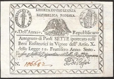 ITALY  7 Paoli  1798  P:S537  VF+  Repubblica Romana