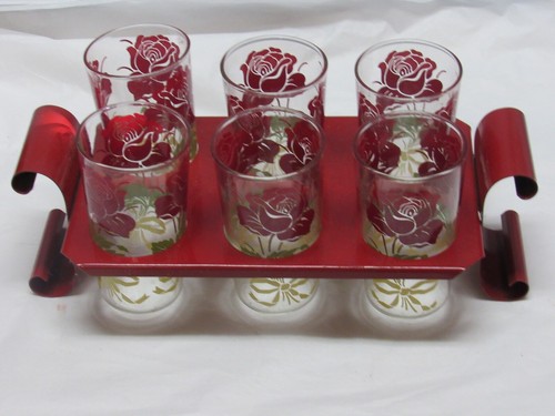 VINTAGE SET OF 6 ROSE FLOWER 1950'S DRINKING GLASSES IN CADDY - Picture 2 of 5