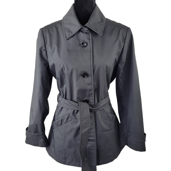 Forecaster of Boston Woman’s Black belted nylon rain coat jacket mid hip  size S