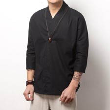 Men 3/4 Sleeve Plain Cotton Linen T Shirt Casual Top Kung Fu Blouse V-neck Loose