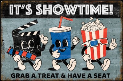 Home Theatre Night It's Showtime Popcorn Movie Ticket Game Room Retro Metal Sign