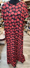 Field Manor Lined Silk Dress Red Roses Flowers Short Sleeve Maxi Long Modest