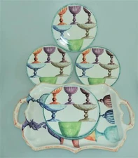 Frontgate Set of 7 Hand Painted Appetizer Plates and Tray Wine Glass Motif Italy