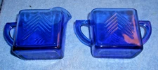 VINTAGE~HAZEL ATLAS ART DECO~CHEVRON~COBALT BLUE GLASS~CREAMER AND SUGAR BOWLS