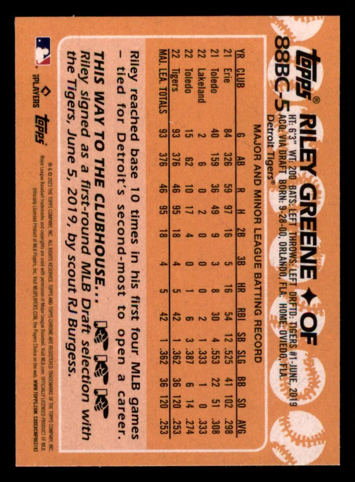 2023 Topps Chrome '88 Topps #88BC5 Riley Greene - Image 2 of 2
