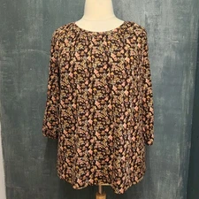 Denim & Co. Brown Pink Ditsy Floral Knit Popover Top Sz L XL 