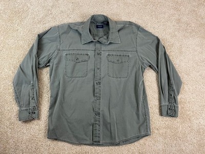 Vintage Izod Jeans Button Up Shirt Mens Large Collared Pocket Olive Green