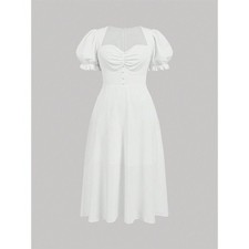 White Midi Dress Square Neck Puff Sleeve Button Front Summer Casual Elegant M