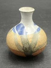 Art Pottery Vase Small Stoneware Glazed in Gray Earthtones Signed