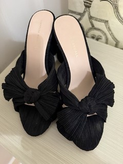 Loeffler Randall Black Pleated Bow Mule Heels Size 10B Block Heel Slide Sandals