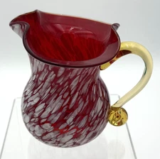 4.5" Ruby Rainbow Art Glass End-of-Day Pitcher #605 Red w/Applied Honey Handle