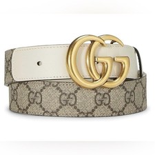 Gucci Beige GG Supreme Belt with Gold Buckle white canvas with box