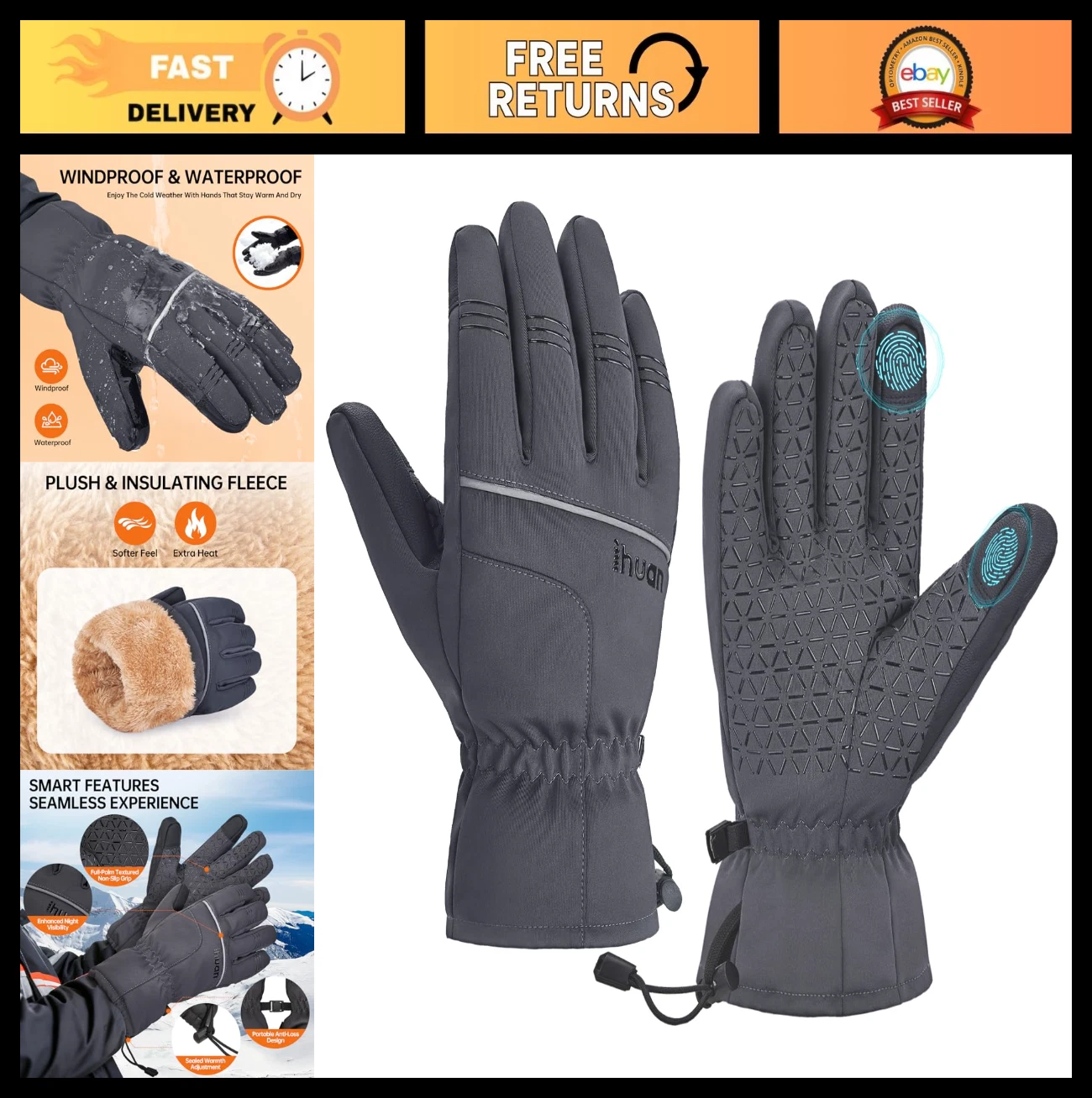 Winter Waterproof Ski Gloves for Men & Women, Thermal Touchscreen, Windproof, Sn