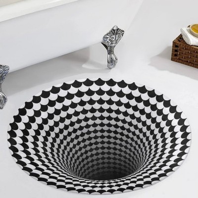3D Optical Illusion Rugs | Round Floor Mat | Black Hole Houndstooth Scales | 35''
