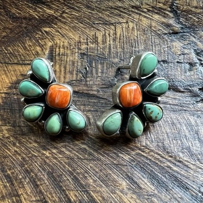 Kingman Turquoise & Spiny Oyster Half Cluster Earrings