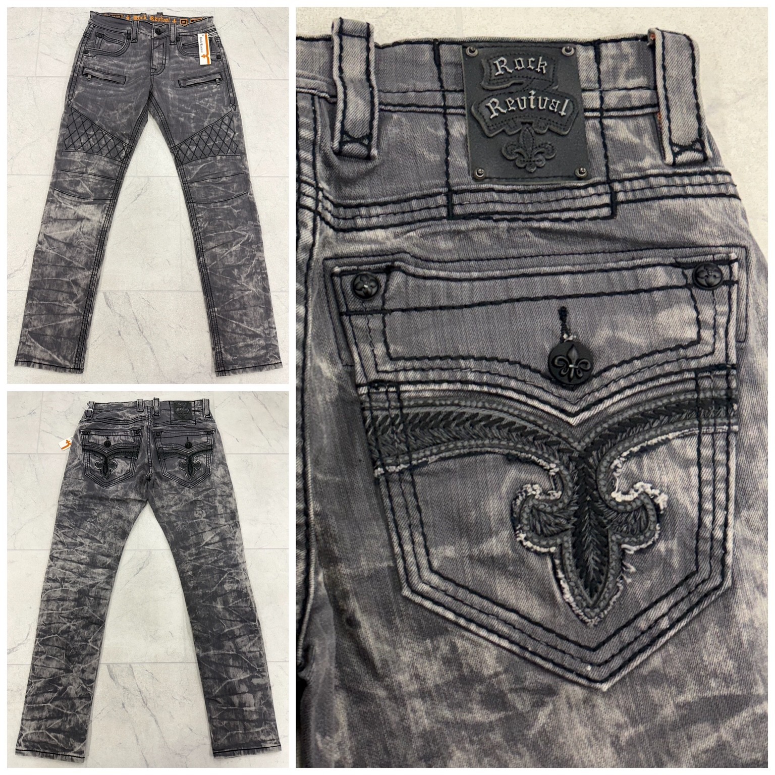 NWT $199 Rock Revival Men's Mike Biker Jeans With Emroidery Size: 32