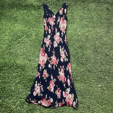 Vintage R&K Originals Navy Floral Maxi Dress Beaded Detail Size 10 100% Rayon