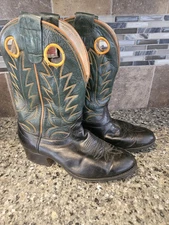 Olathe Hole Cowboy Boots Mens 8 1/2 Black Green Leather Buckaroo Pull On Vintage
