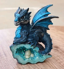 Small Quartzite Blue Baby Dragon On Fossil Figurine 5"H