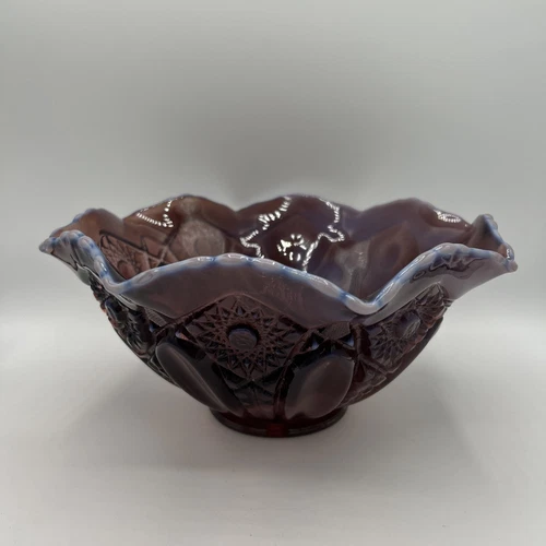 Vintage L E Smith Purple And White Opalescent Slag Glass Bowl 10” Diameter