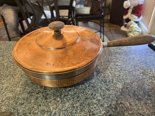 Metal Copper Pan with Lid Made in Italy Stainless Insert Pan Wood Handle Vintage