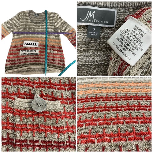 JM Collection Sweater Womens Small Pocket Orange Stripe Knit Office Autumn Retro - Picture 7 of 15