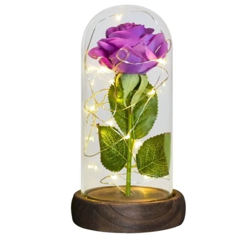 Eternal Rose Flower in Glass Dome with LED Light Wooden Base Valentine7721 - Picture 1 of 17