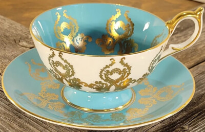 AYNSLEY Tea Cup & Saucer Orchard Fruit # 2832 Turquoise Heavy Gilt