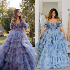 Floral Print Evening Dresses Detachable Sleeves Pattered Ruffle Tulle Prom Gowns