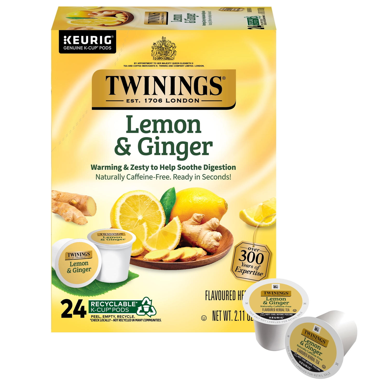 Twinings Lemon & Ginger K-Cup® Pods for Keurig, Caffeine Free Herbal Tea,
