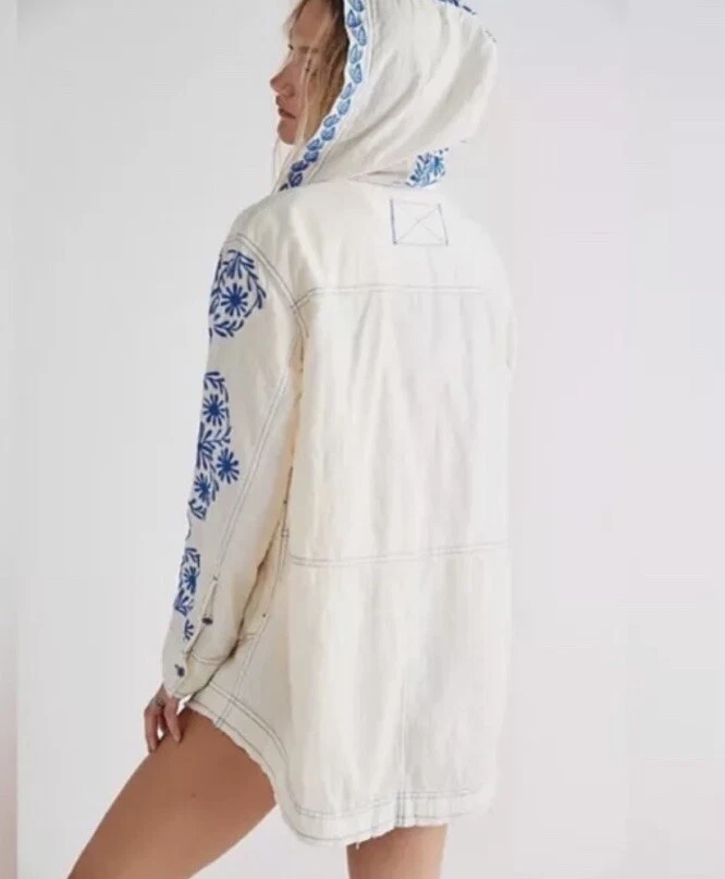 OFF WHITE Free People Lagos felpa con cappuccio ricamata donna taglia XS blu avorio nuova con etichetta $168
