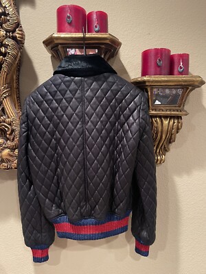 100% Authentic GUCCI Black Quilted Effect Bomber Leather Jacket