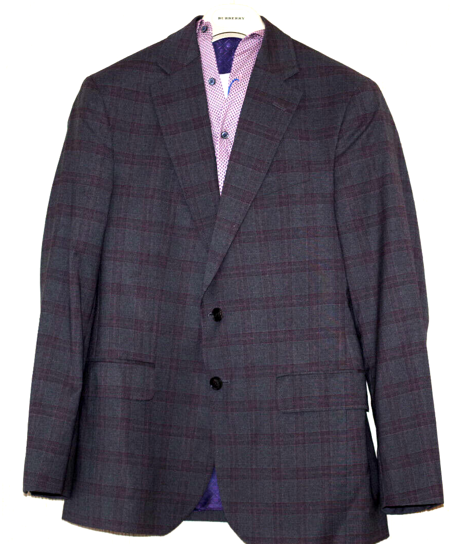 Ted Baker Endurance Gray Burgundy Plaid Wool Men Blazer Sport coat size: 40S