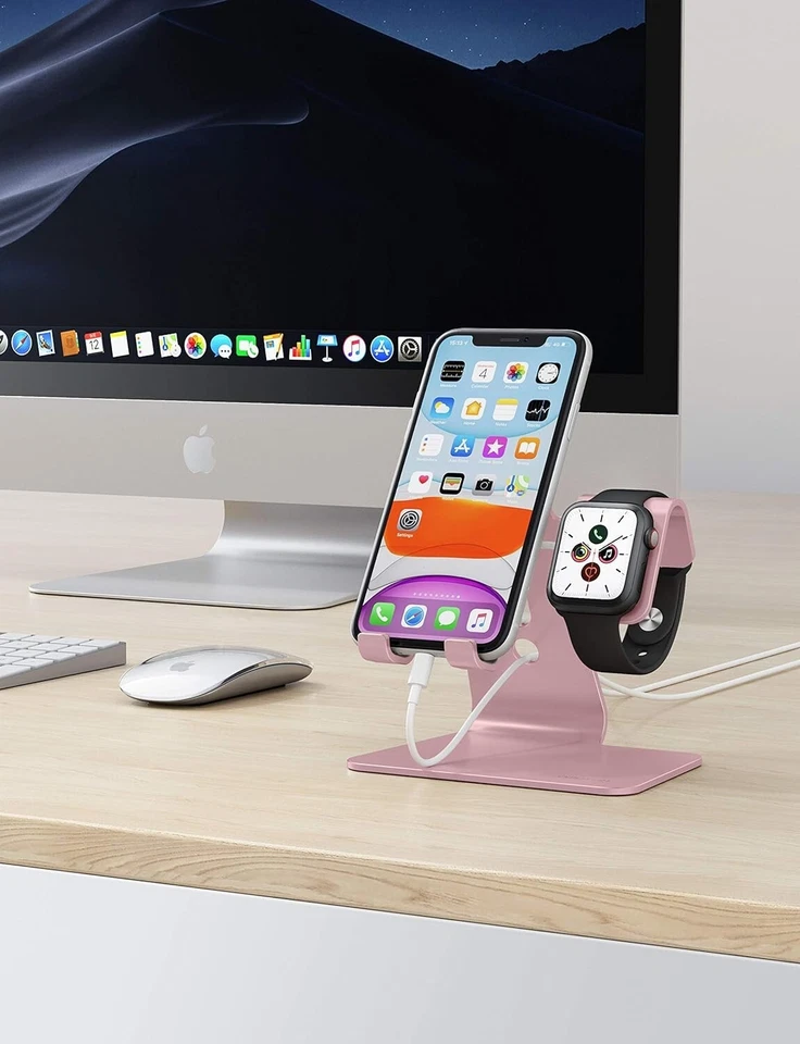 OMOTON 2 in 1 Universal Desktop Stand iPhone Apple Watch Holder, Rose Gold - Image 3 of 4