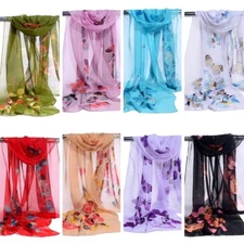 8pcs Women's Long Butterfly Flower Print Chiffon Scarf Thin Summer Head Scarf