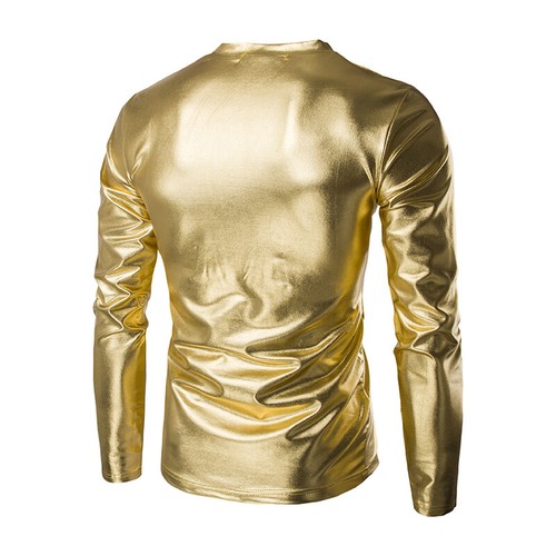 Men Metallic Shiny Shirt Long Sleeve V Neck T-shirt Tops Party Fancy Dress - Picture 7 of 13