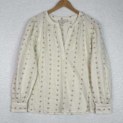 NWT LOFT Swiss Dot Blouse Womens L Ivory Long Sleeve Peasant Boho Romantic Top