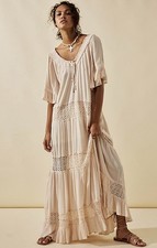 Free People Dream On Maxi Dress Sand XS Oversized Boho Crochet Lace Pockets