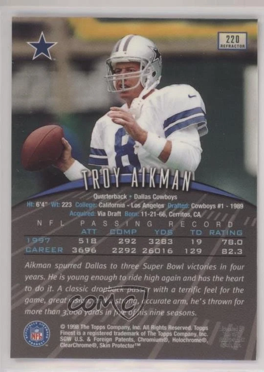 1998 Topps Finest Refractor Troy Aikman #220 HOF - Image 2 of 2