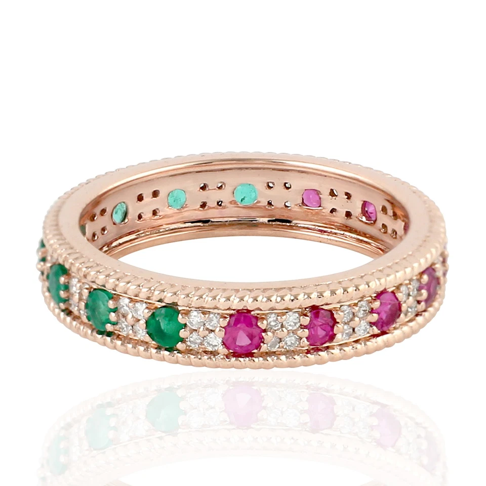 Anillo Banda Eternidad Oro Rosa 18K Diamante Rubí Esmeralda Estilo Vintage Mujer Regalo Foto 3 de 4